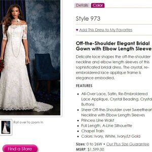 Off the shoulder bridal gown wedding dress elbow length sleeves, crystal, lace &